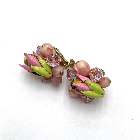 VENDOME Enamel & PINK Rhinestone FLOWER Clip Earrings Clip Ons Vintage Signed - Picture 1 of 7